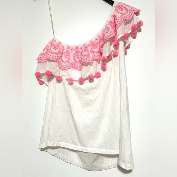 Lilly Pulitzer Idara Resort White Pink Pom Pon One Shoulder Top Ruffle XL - Picture 4 of 7